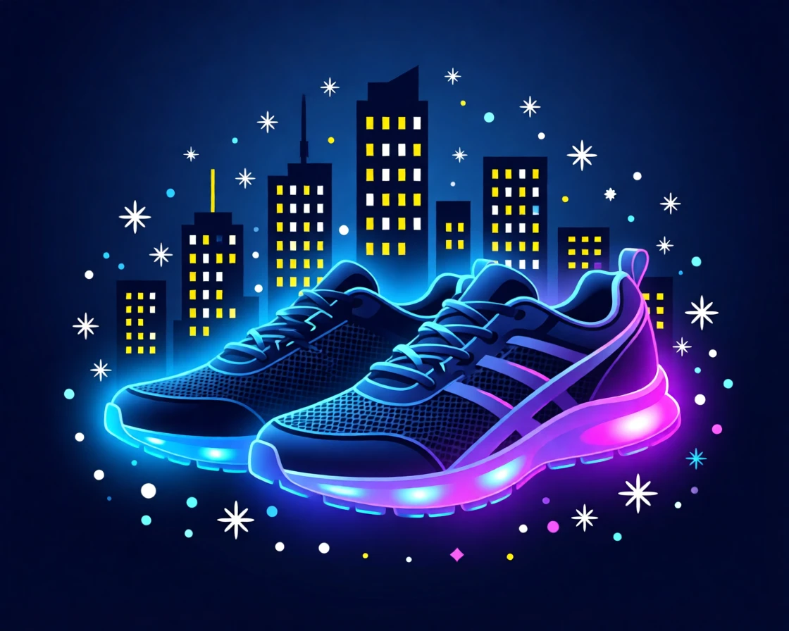 A pair of smart running shoes with glowing sole lights, surrounded by twinkling city lights at night, arranged with a sense of sleek, futuristic order, with a subtle sense of wonder about future possibilities.