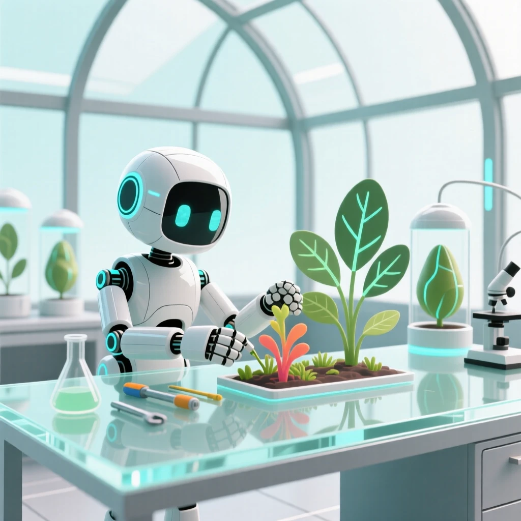 A small robot collaborating on a project in a futuristic greenhouse.