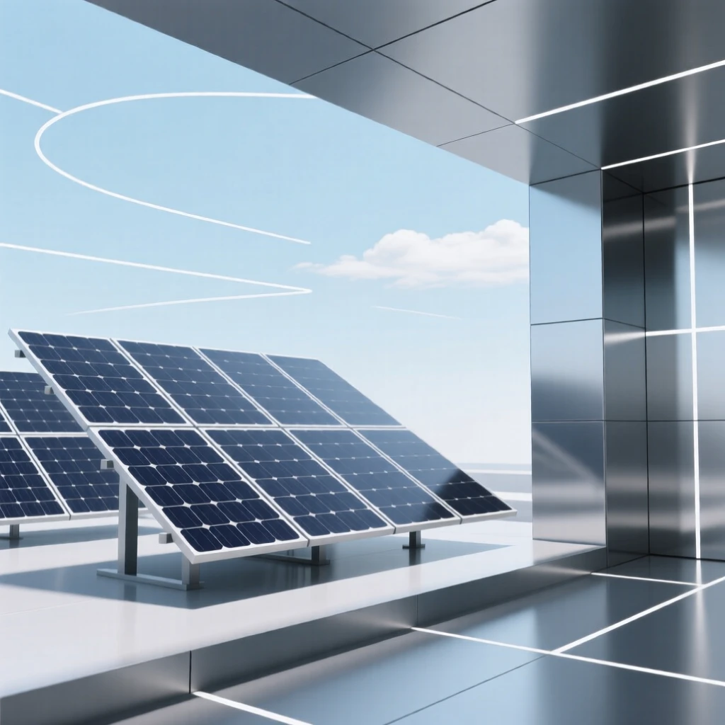 A view of solar panel array under open sky operating within an innovation showroom, near sleek metallic surfaces, evoking forward-looking innovation.