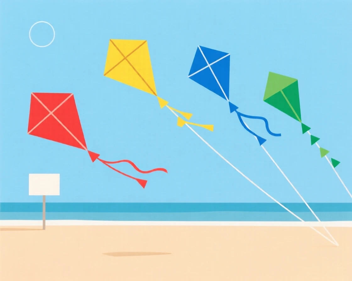 A beach with colorful kites flying in summer wind