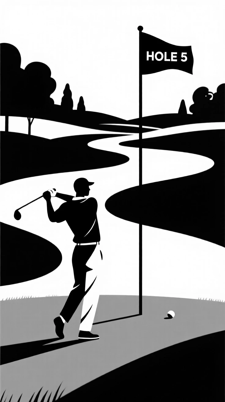 A golfer swinging on a scenic fairway.