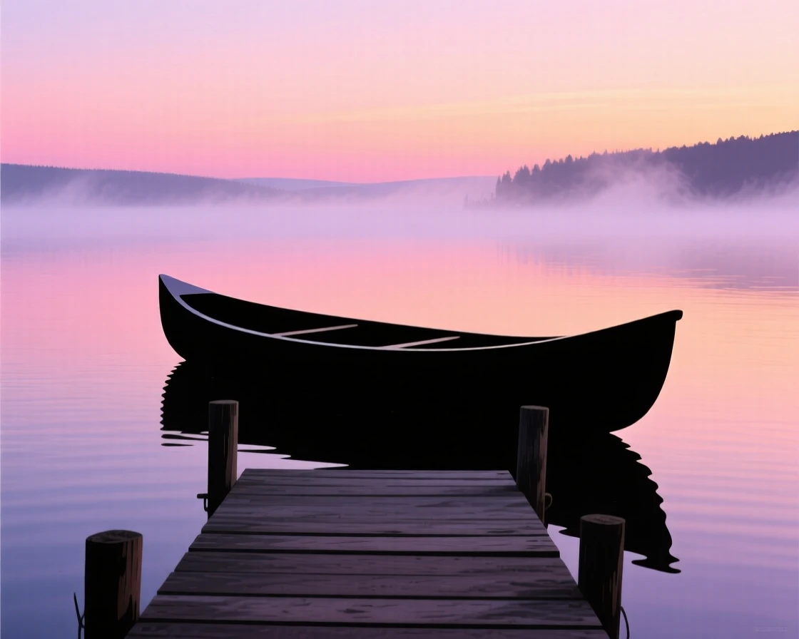 A single canoe resting on a dock as mist rises off the lake.
