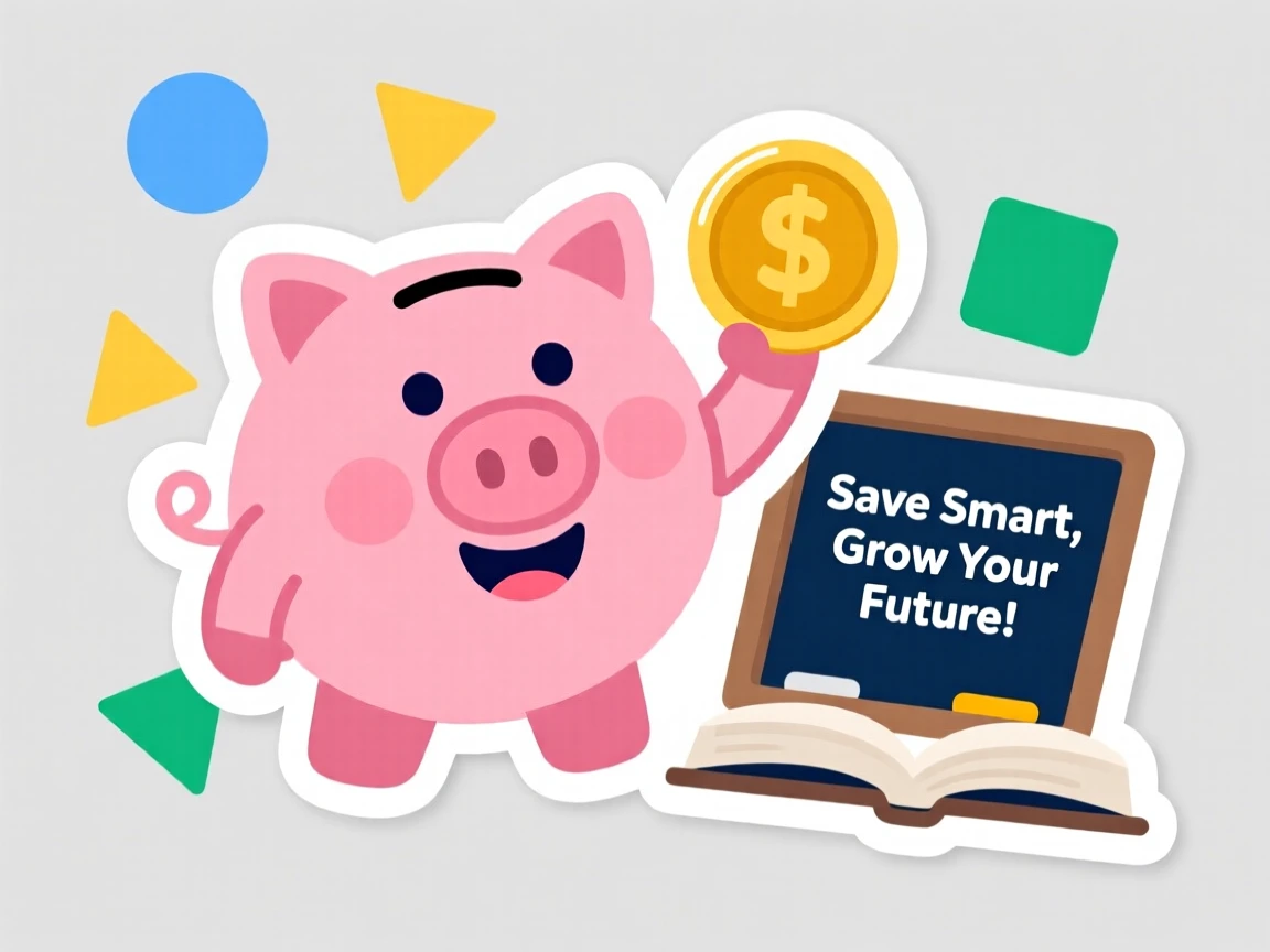 A fun and approachable smiling piggy bank teaching about saving money, surrounded by simple colorful shapes, designed to make learning fun.