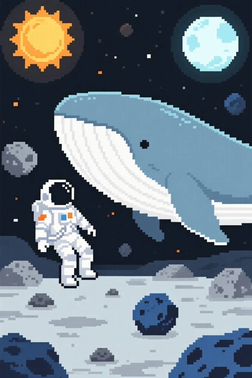 An astronaut floating beside a giant space whale floating peacefully among a field of asteroids, on an alien world with two suns.