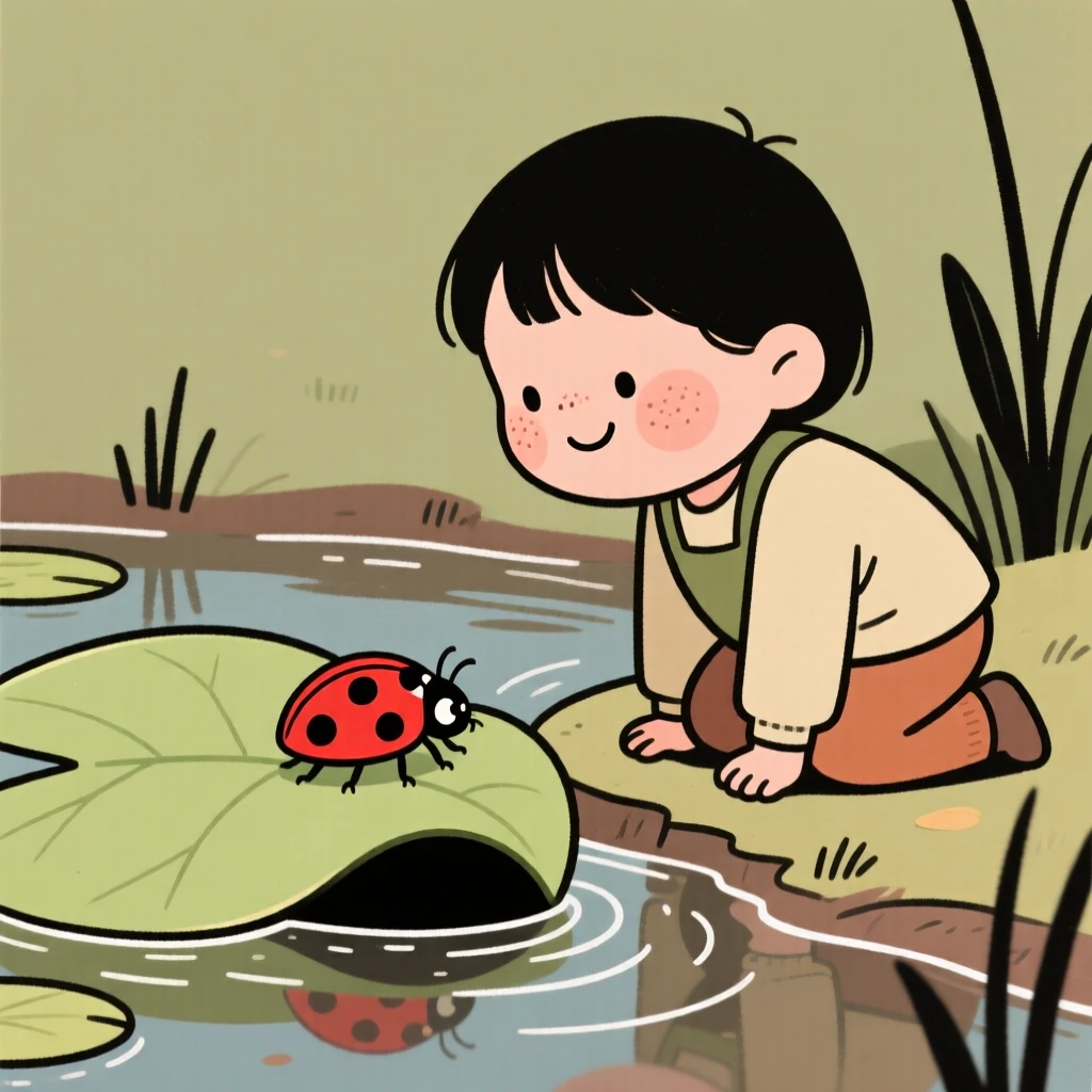 A curious small child kneels beside a ladybug on a leaf in the edge of a pond, watching intently as it disappears into a tiny hole.