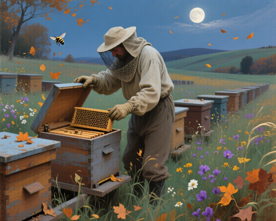 A detailed close shot of a beekeeper tending rows of wooden hives in a flowering meadow, under a full moon, amid swirling autumn wind.