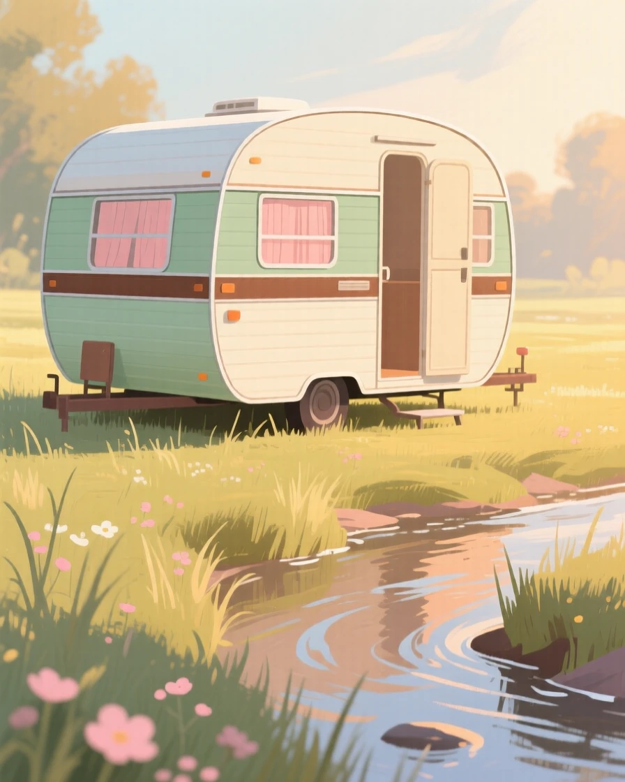 A vintage caravan parked in a meadow beside a quiet stream