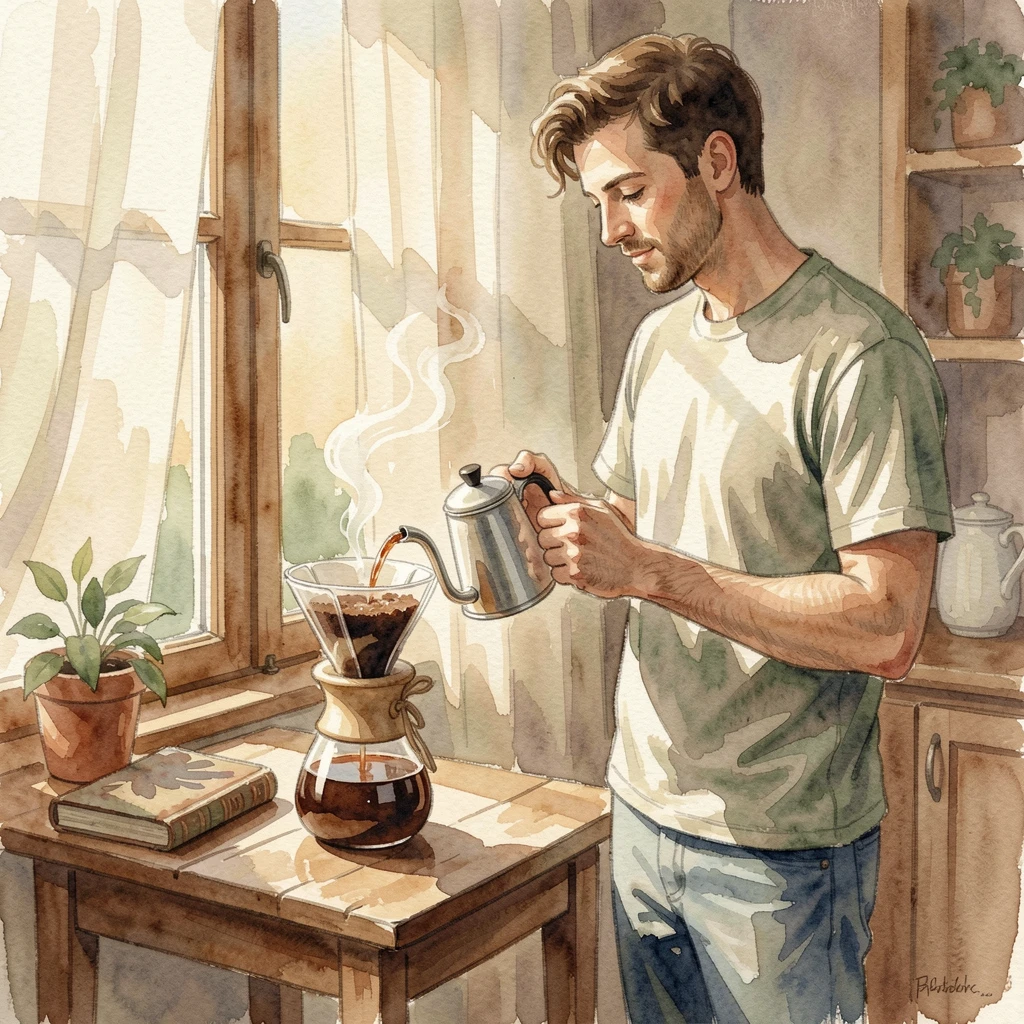 A man brewing coffee with a pour-over kettle on a calm weekend afternoon.