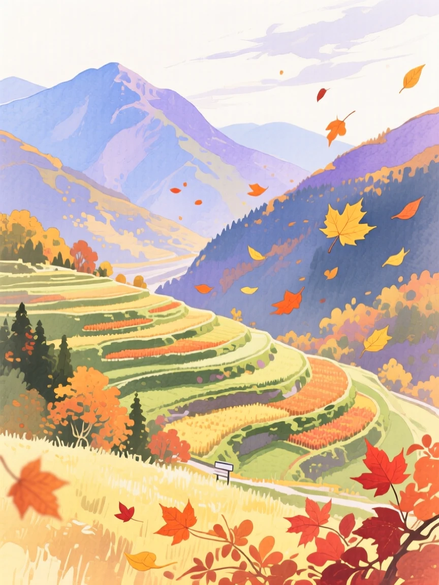 A breathtaking view of a mountain pass as autumn leaves fall, where terraced fields catch the light
