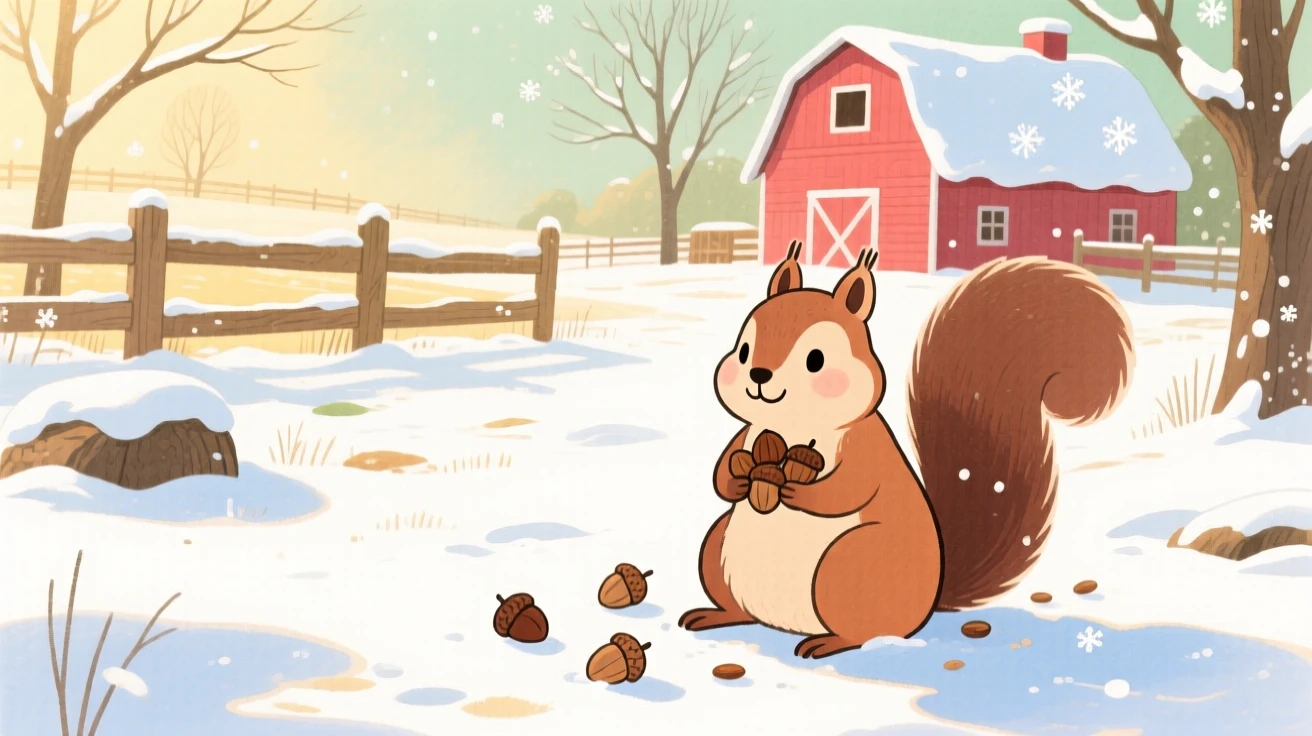 A chipmunk gathering acorns resting peacefully in a sunlit farmyard in the first snow of winter.