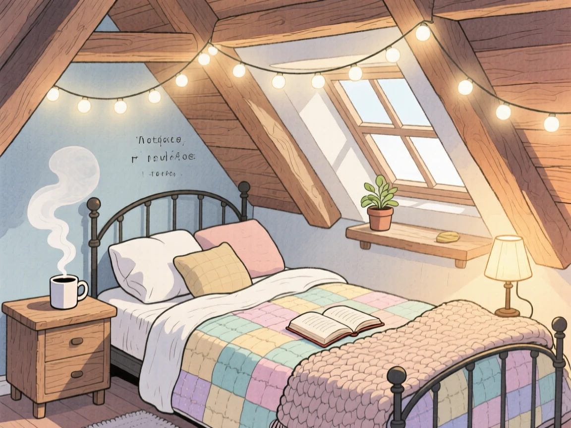 A cozy attic bedroom with fairy lights strung above a quilted bed, with steam curling gently upward, wrapped in a feeling of safety and belonging.