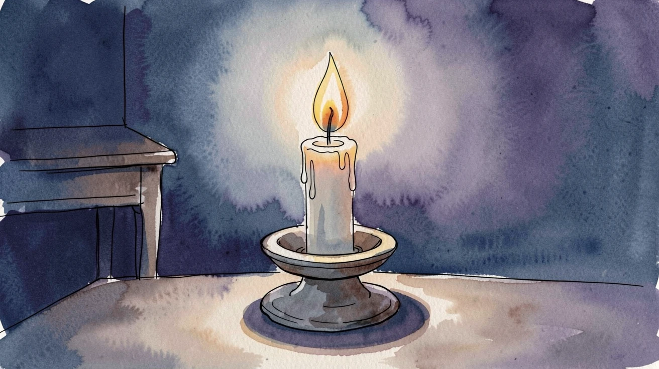 A single candle flame glowing steadily in a darkened room, the moment simple, sincere, and quietly powerful.