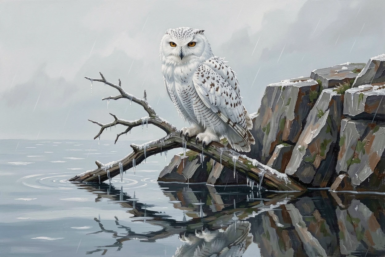Just after a rain shower, feathers still damp, a snowy owl perched silently on a frozen branch, atop a weathered cliff overlooking the sea, its reflection mirrored perfectly in the still water.