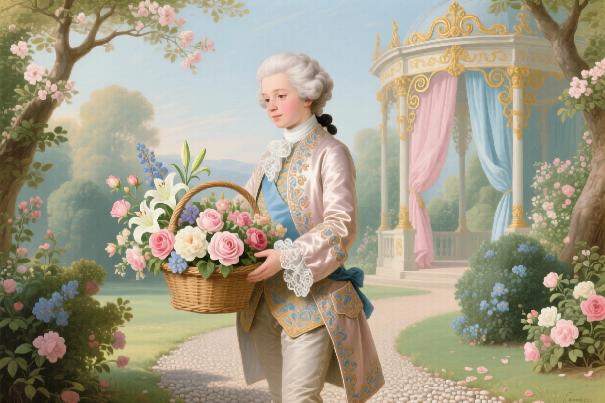 A prince carrying a basket of flowers to surprise his mother  