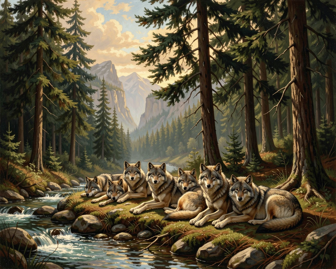 A pack of wolves rests beside a stream in a shadowed pine woodland as sunlight filters through the leaves.