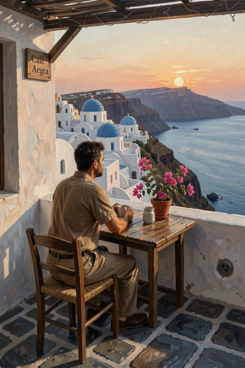 A solo traveler watching the sunset from a rooftop café in Santorini, with rich environmental detail immersing the viewer in the destination, evoking wanderlust and the irresistible call of adventure