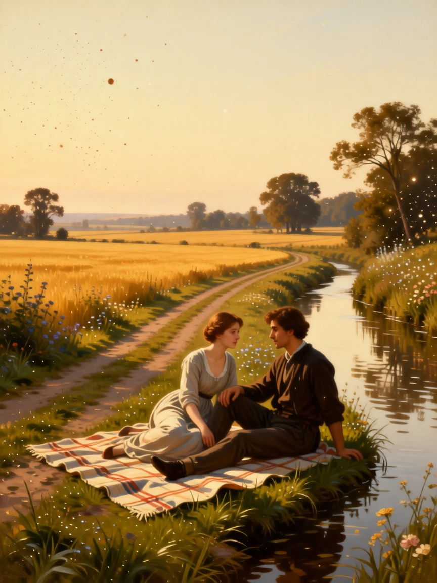 A young couple sharing a quiet picnic beside a country lane in a small, quiet moment made luminous and lasting, set beside a quiet stream at the edge of golden fields, with soft morning light catching dust and flour in the air; the horizon and open sky give even modest labor room to breathe, capturing the timeless rhythm of rural and village life.