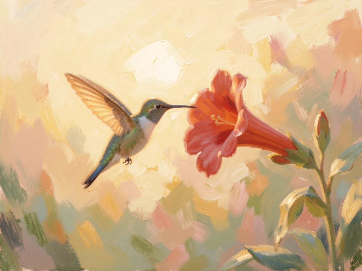 A hummingbird hovering beside a trumpet-shaped red flower, wings a blur of motion in the morning light, at golden sunrise, filled with a cozy, comforting atmosphere.