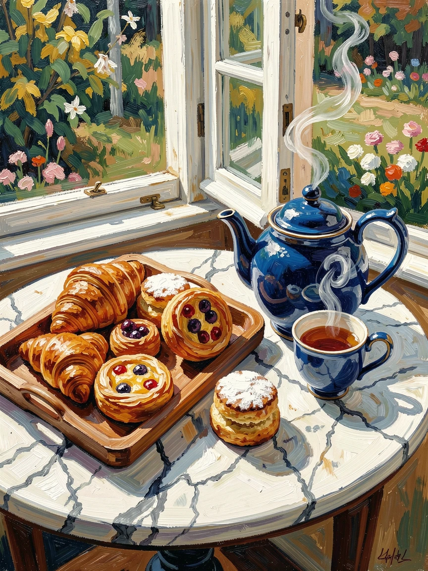 A tray of pastries and a pot of tea set on a marble table beside an open window.
