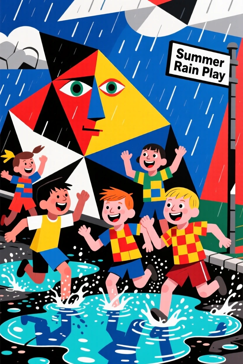 A group of children splashing joyfully through puddles after a summer rain.