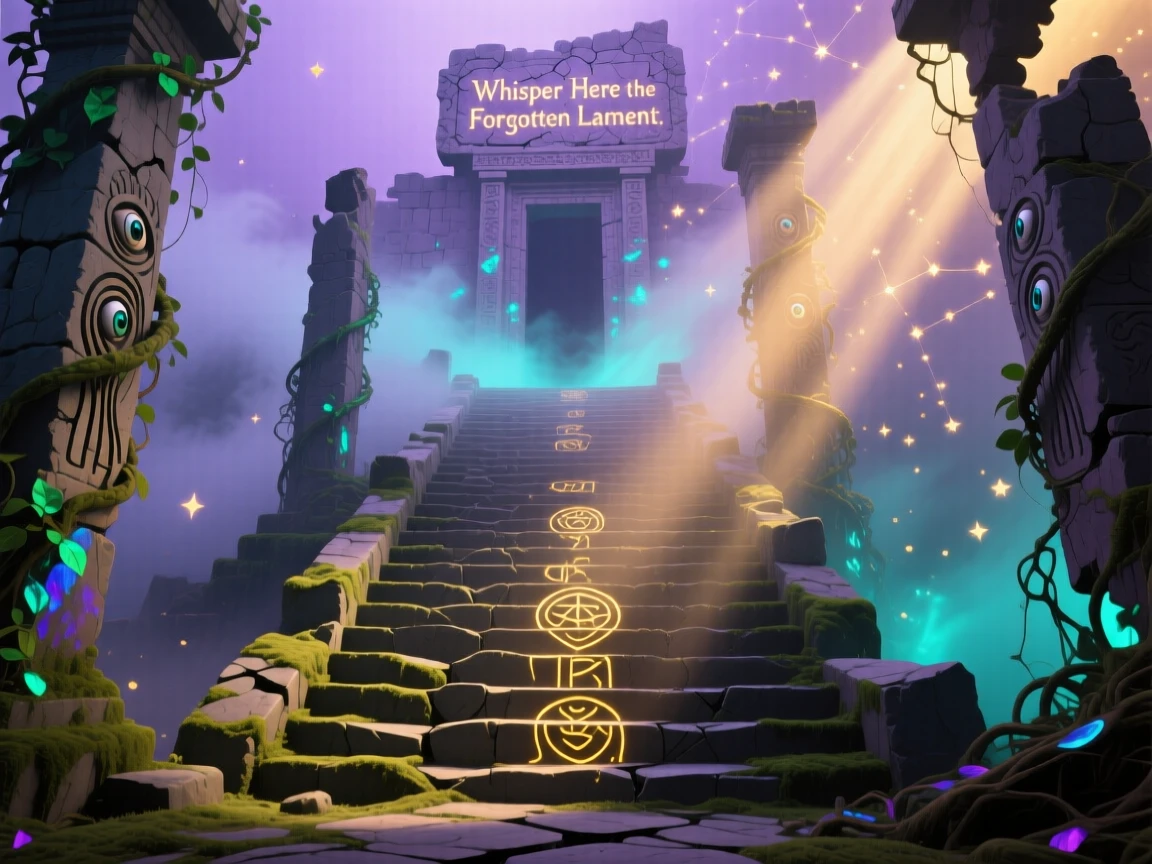 A temple staircase disappearing into thick, glowing fog holds its secrets quietly behind crumbling stone walls, while dust motes drift like tiny stars through beams of light.