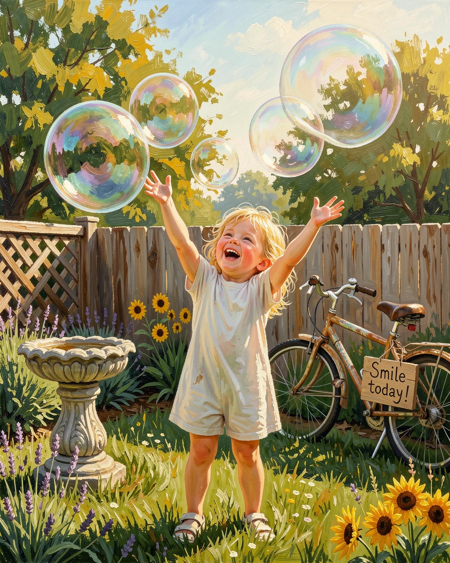 A child reaches up to catch giant soap bubbles drifting across a sunlit backyard, laughter frozen in a moment of pure delight, their surroundings offering subtle clues about culture, place, and the moment being lived.