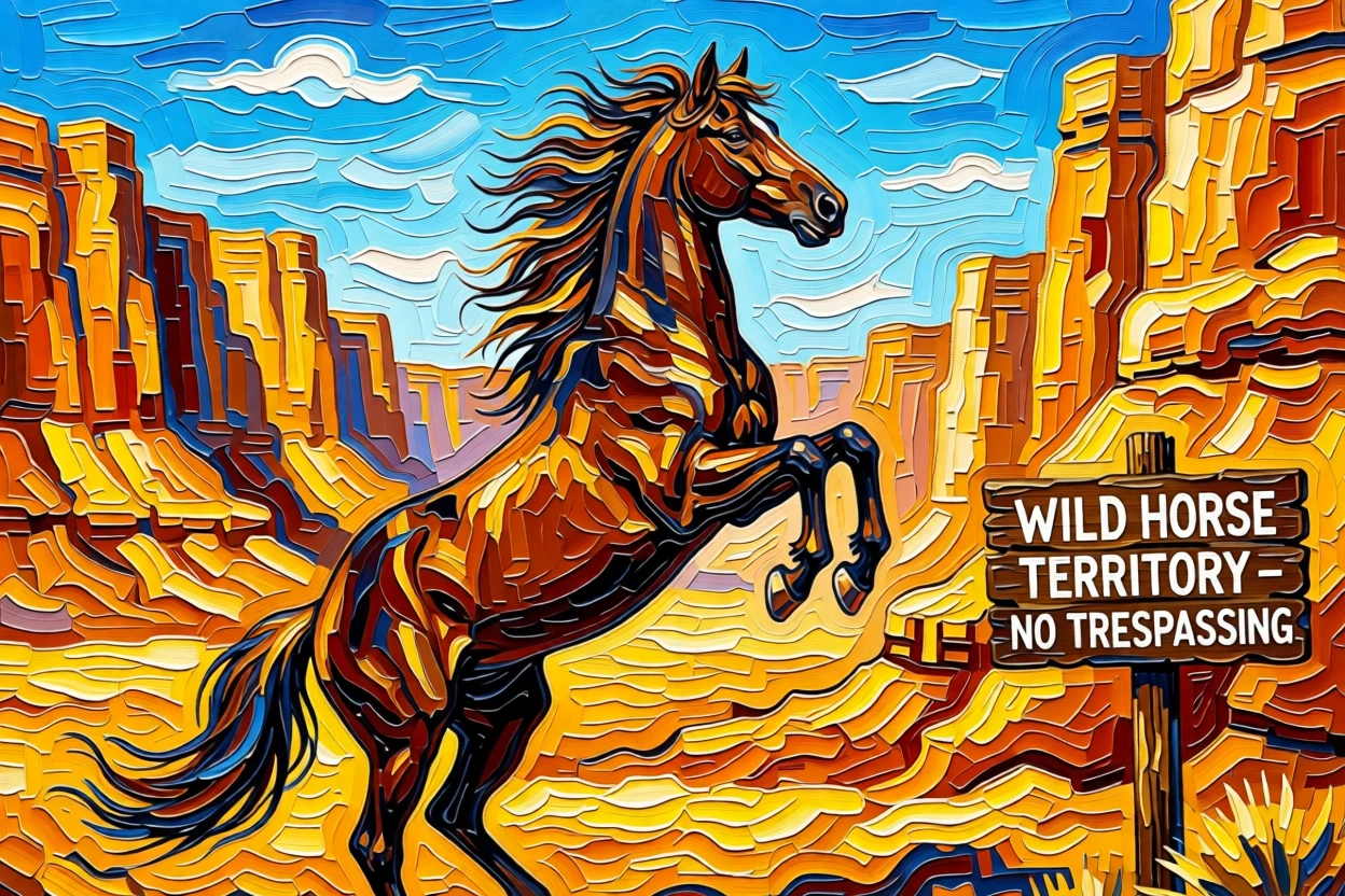 A wild mustang rearing on its hind legs in a golden desert canyon