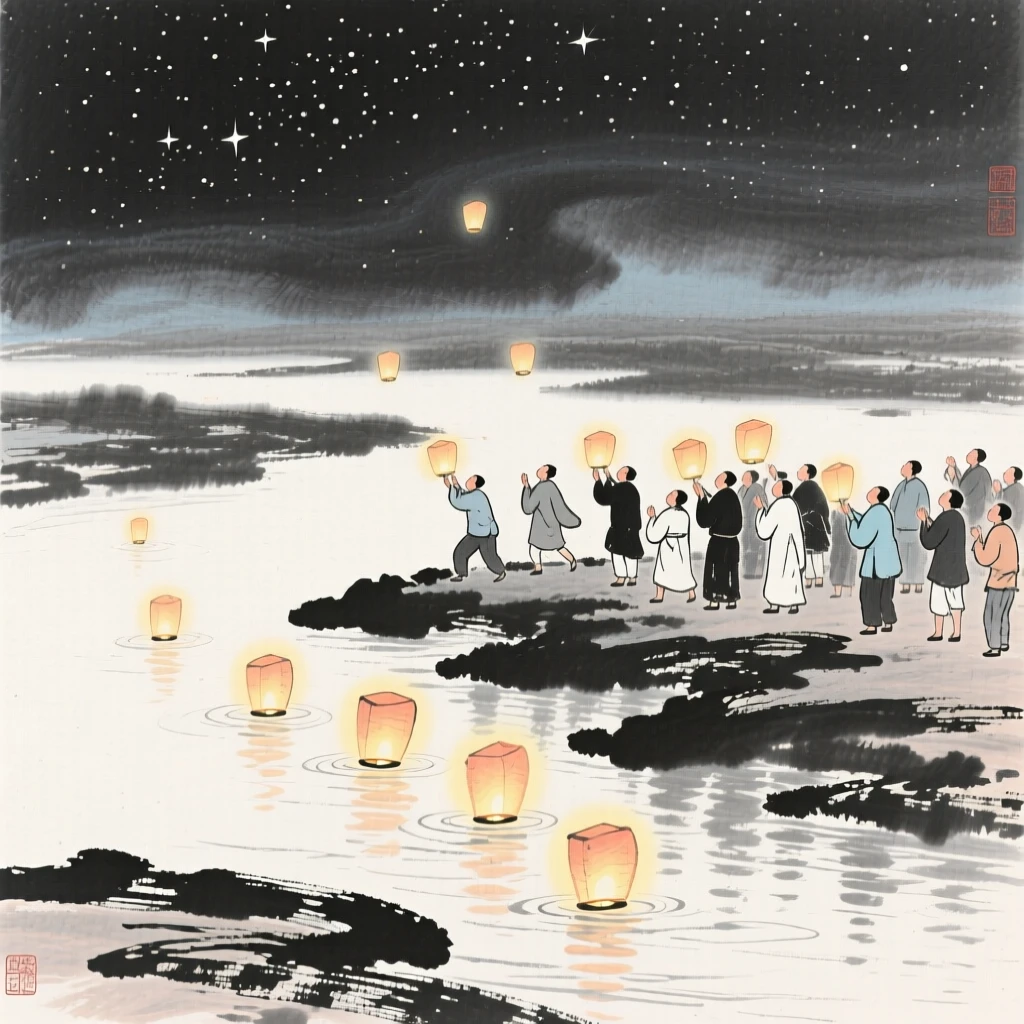 A crowd gathers along a riverbank to release floating lanterns at night, beneath a sky remarkably clear and full of stars.