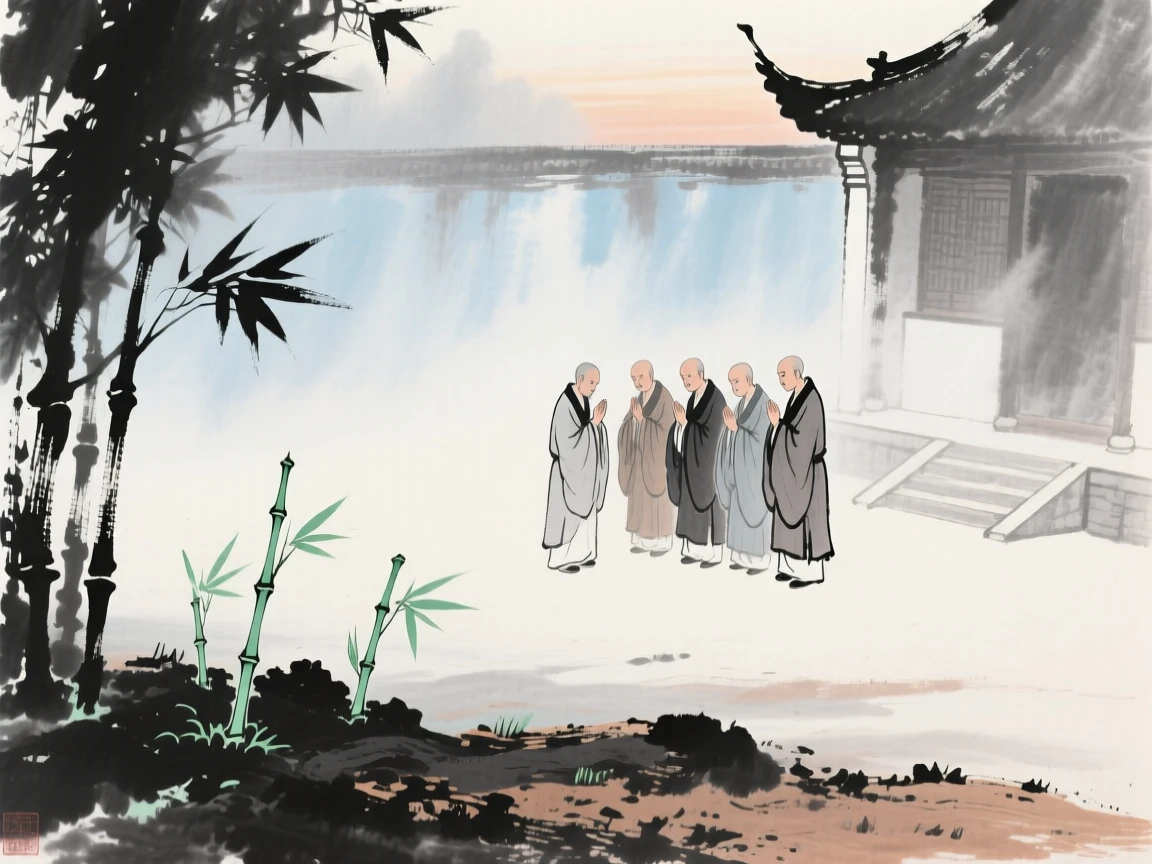 A group of monks chanting at dawn in a mist covered monastery courtyard, touched with gentle melancholy, as new bamboo shoots break through the soil.