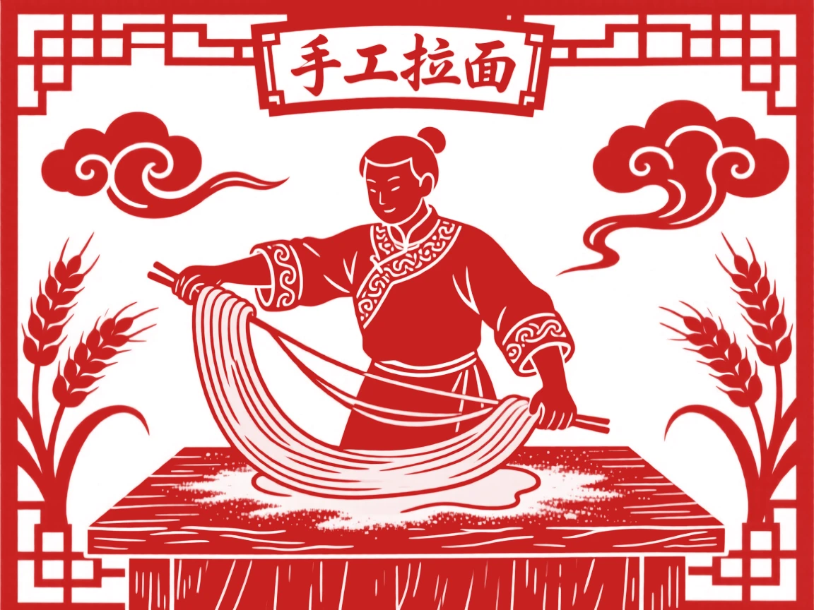A noodle maker stretching and pulling dough into long strands above a floured wooden counter