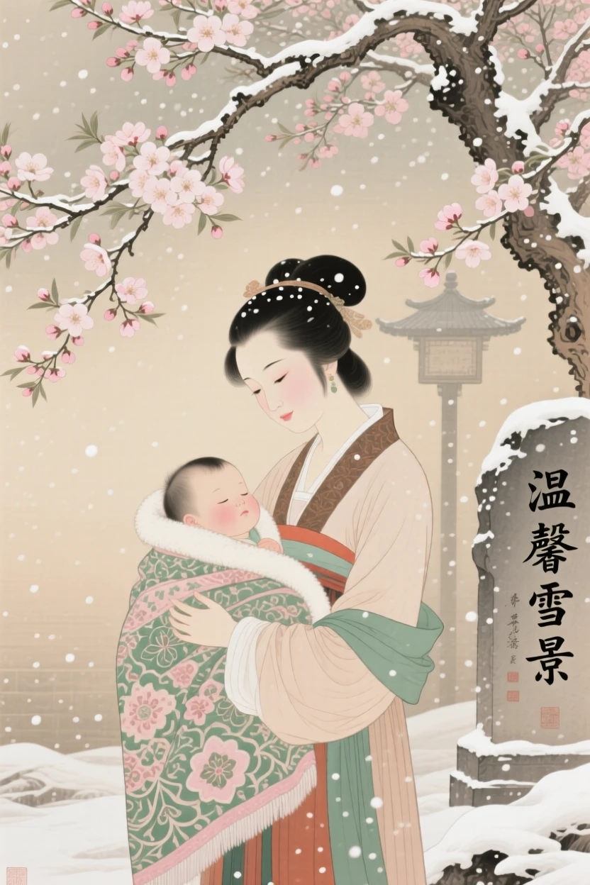 A mother wrapping her child in a warm blanket during a snowfall, beneath a canopy of blossoming trees