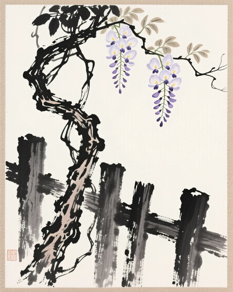 A twisted old wisteria vine beside a weathered wooden fence, framed asymmetrically for quiet visual balance, capturing a delicate, transient moment in bloom.