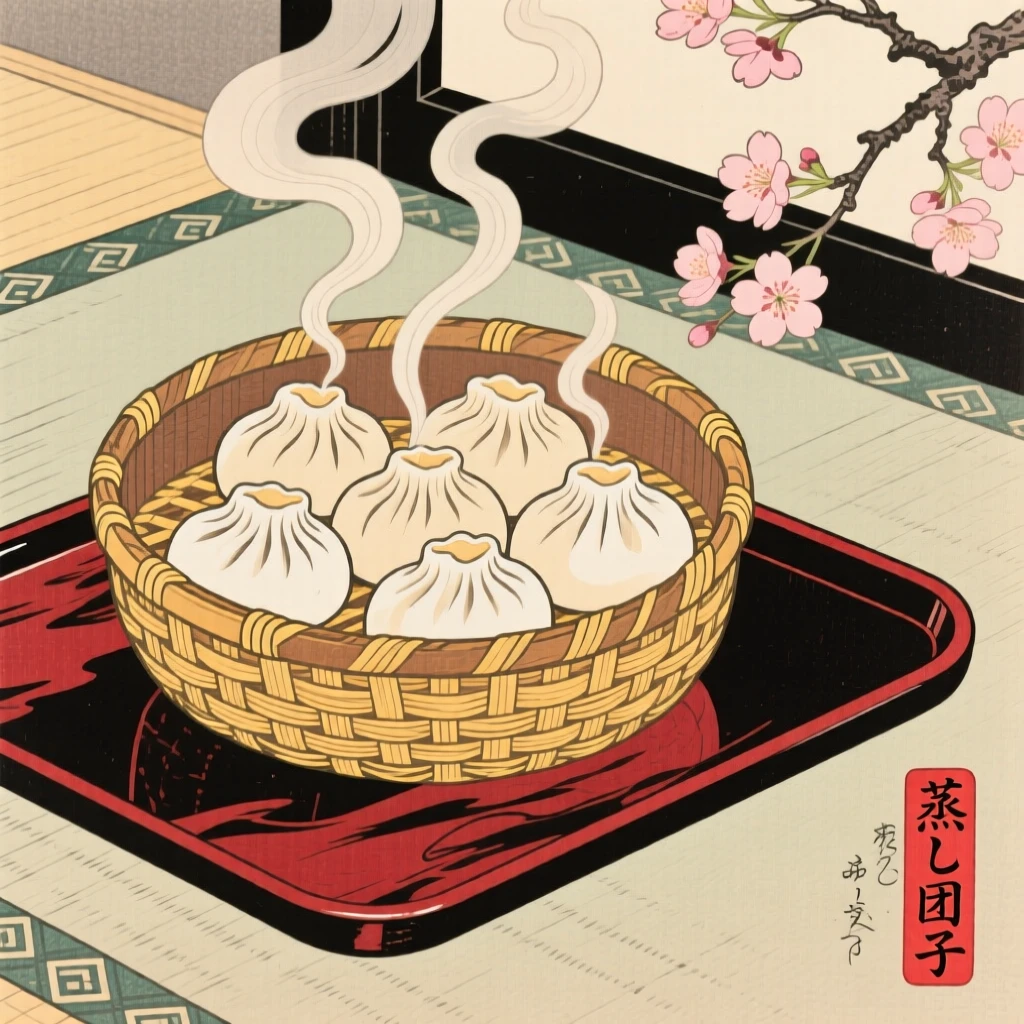 A bamboo basket of steaming dumplings arranged on a lacquered wooden tray.