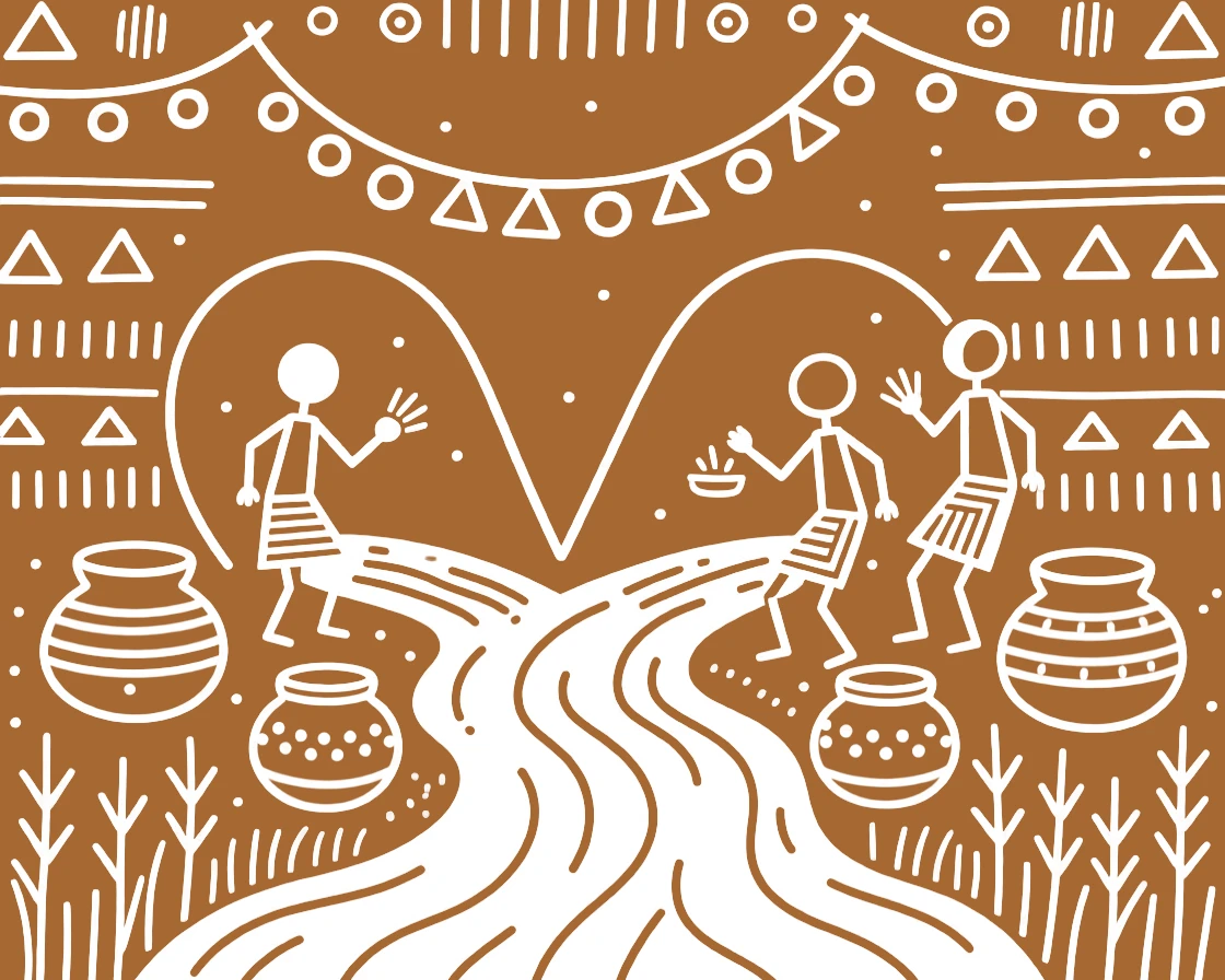 A composition centered on a river confluence point decorated with garlands and ceremonial pots.