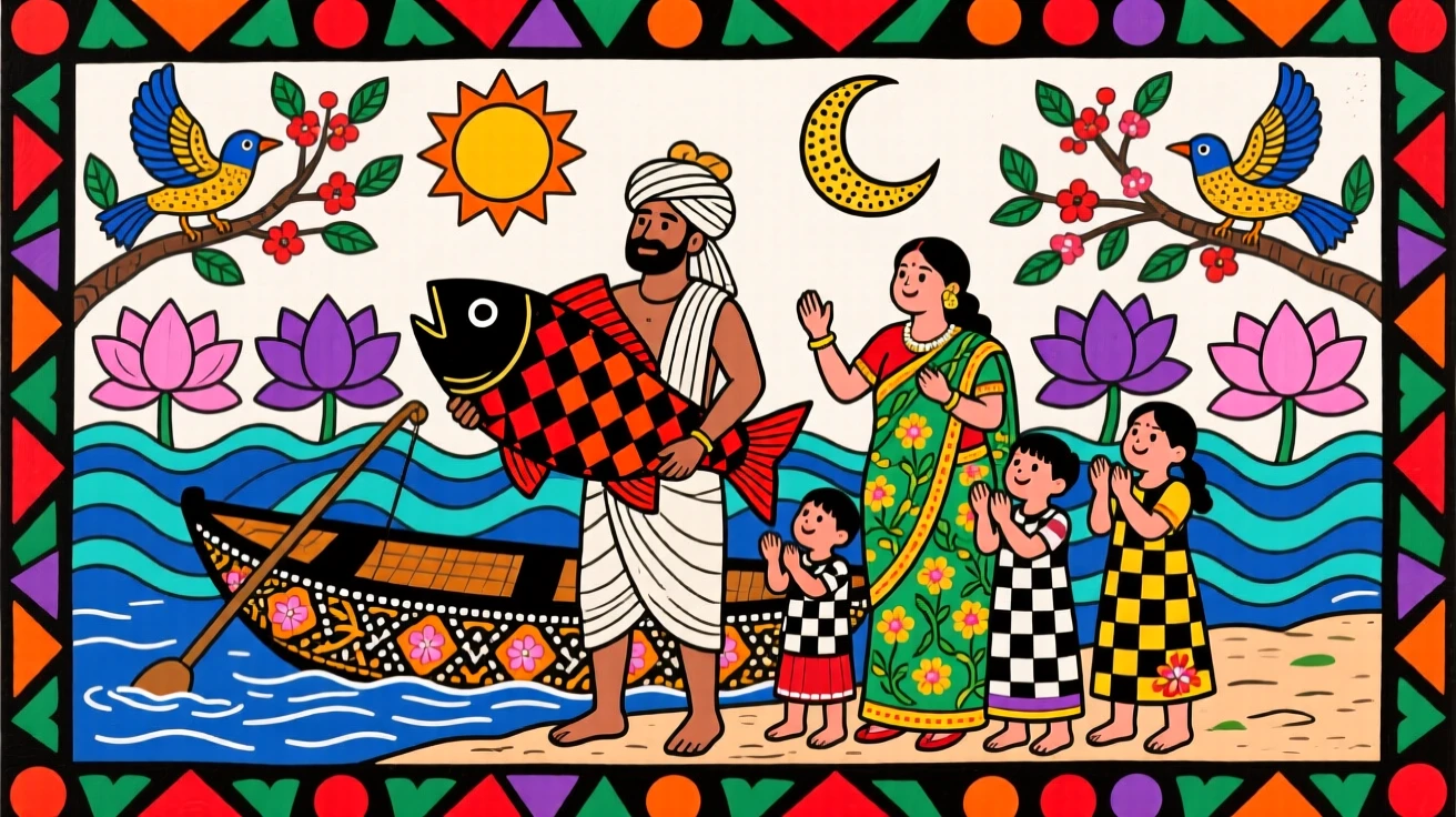A fisherman's family celebrating a bountiful catch at the harbor.