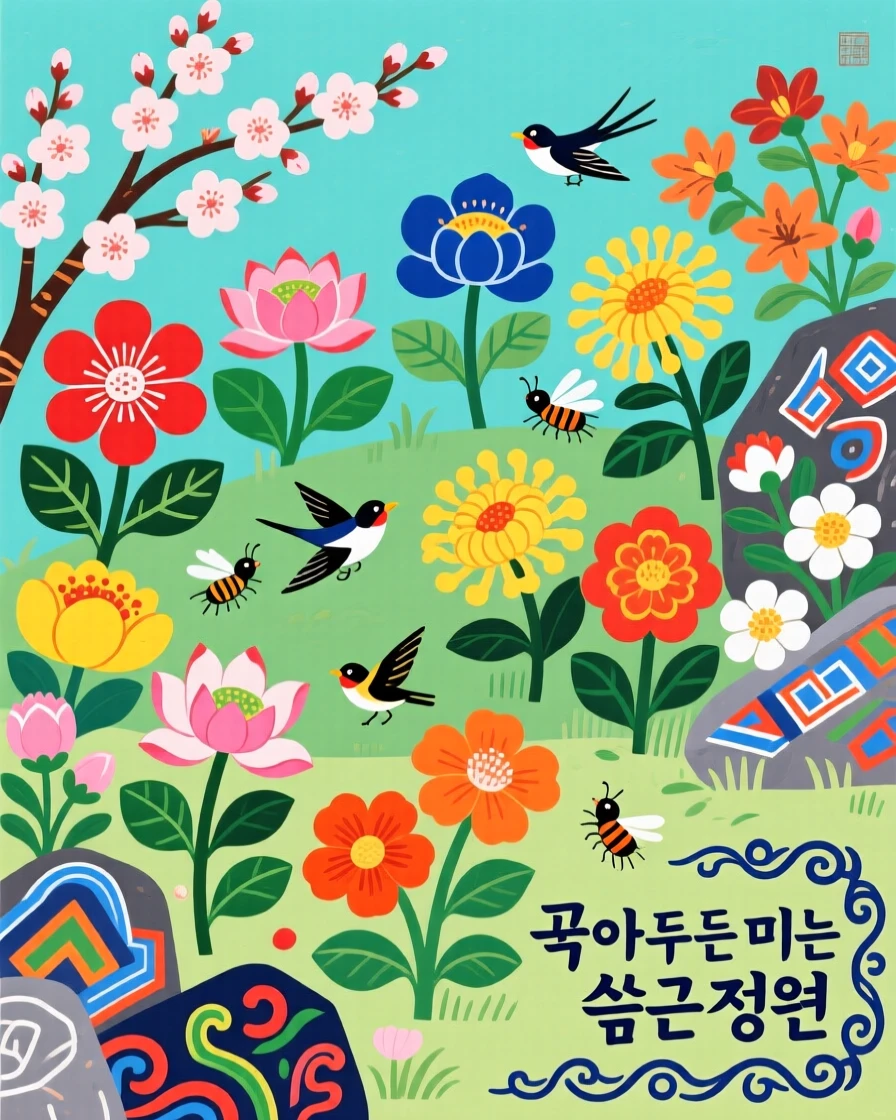A hidden garden where every flower blooms in a different season at once.