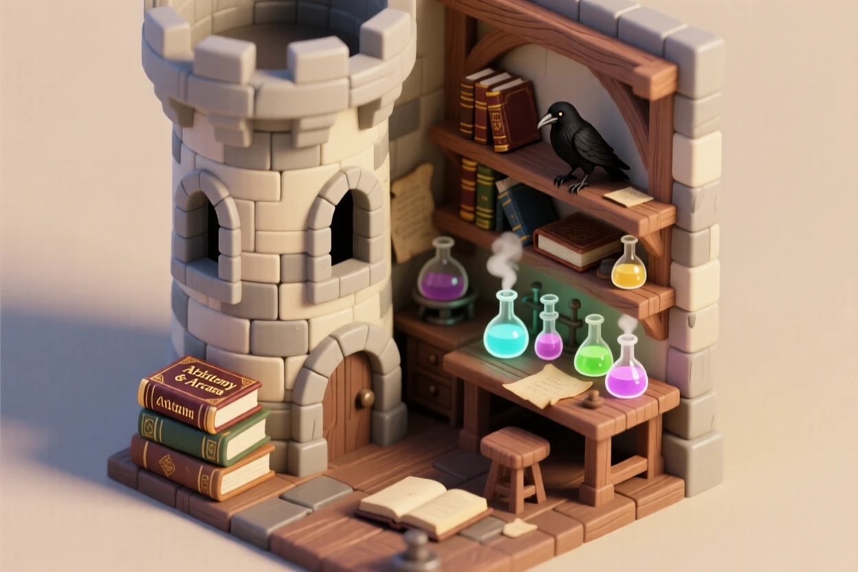 A medieval alchemist's tower laboratory with bubbling potions, ancient tomes, and a raven perched on a cluttered shelf.