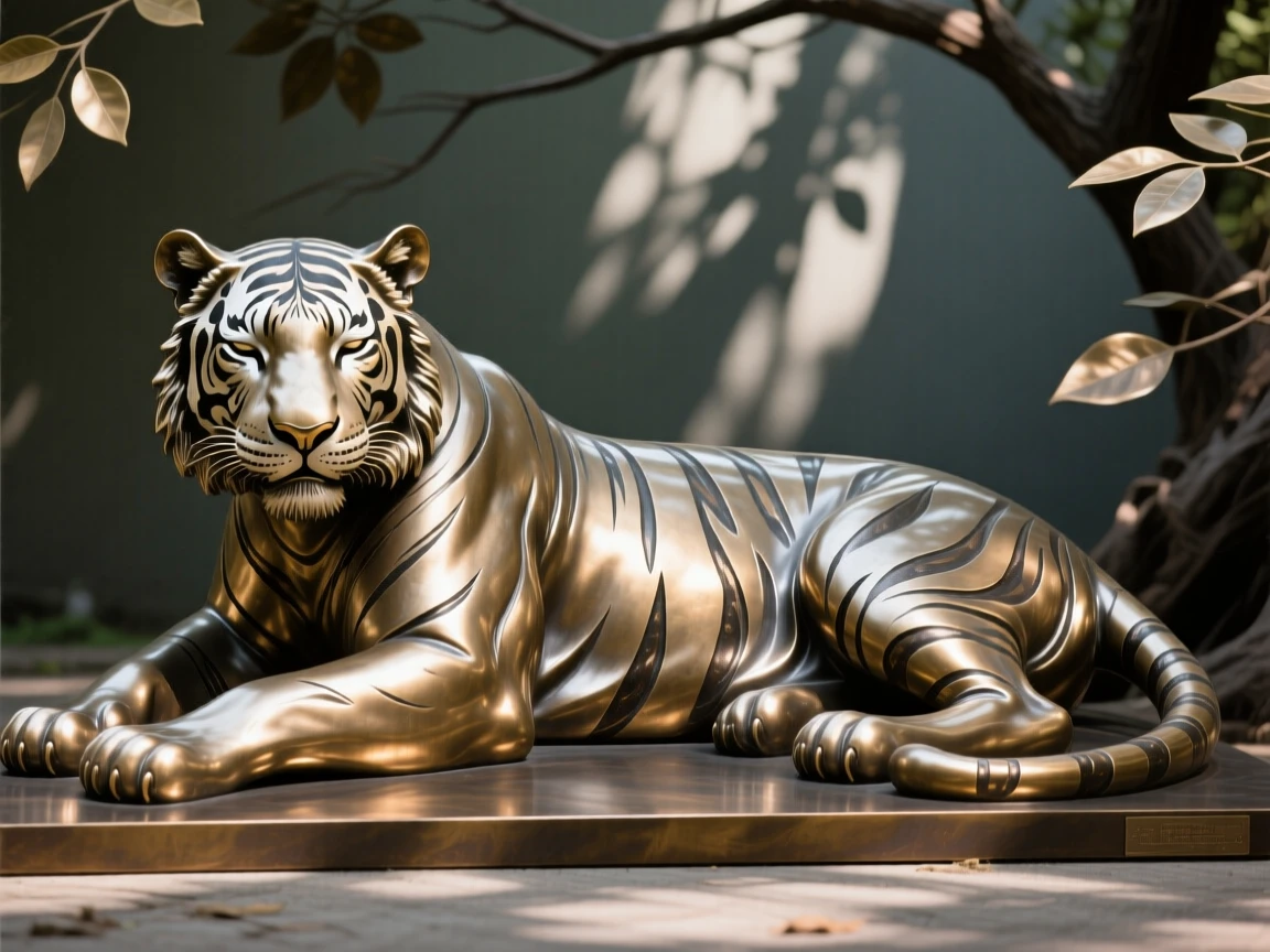 A majestic white tiger resting in dappled shade, with elegant, flowing form, evoking wonder and majesty