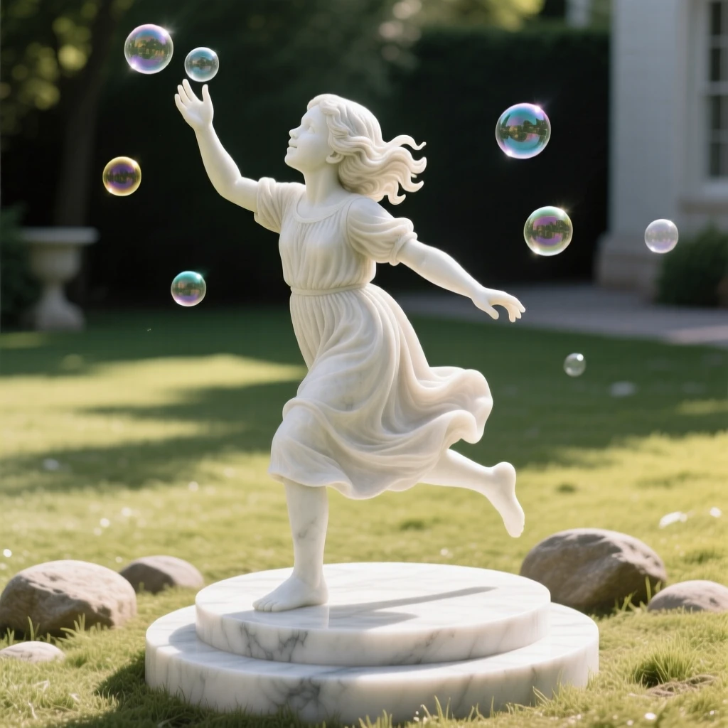 An evocative depiction of a young girl chasing bubbles in a sunlit yard, in a moment of quiet stillness, balancing detail with emotional depth