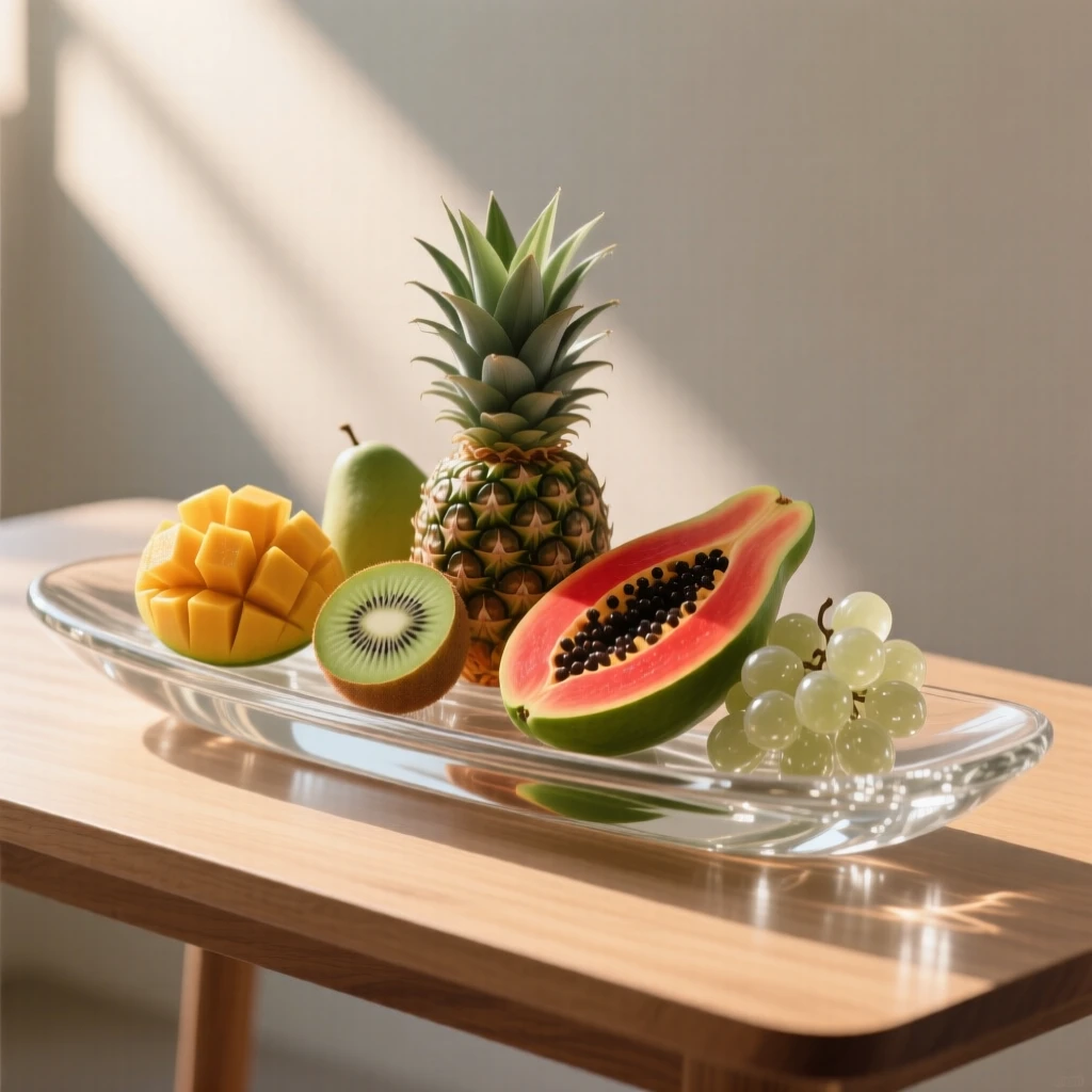 As morning light streams across the table, a spread of tropical fruit arranged on a wooden platter