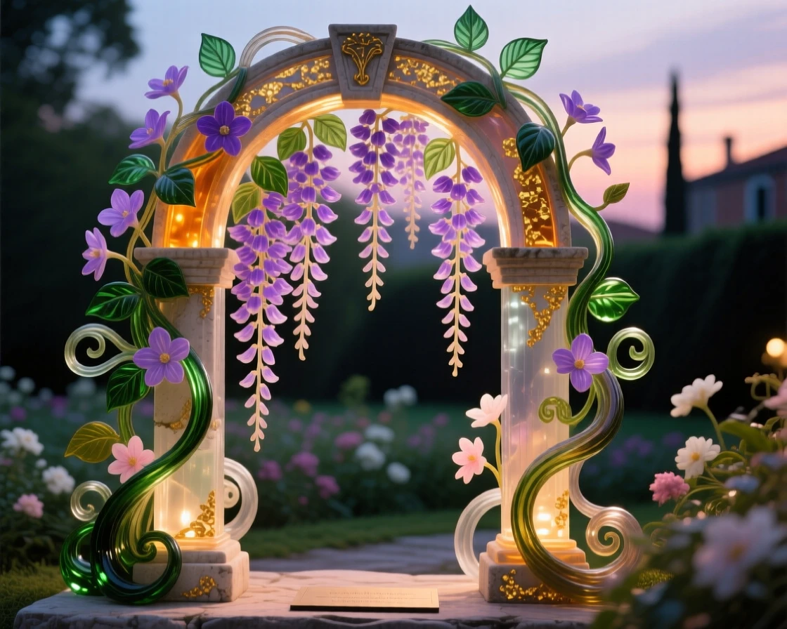 A field of blooming wisteria cascading over an ancient garden archway at the height of dusk, romantic and lush.
