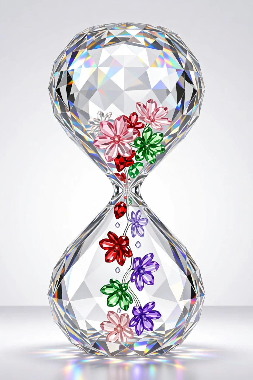 A surreal hourglass releasing a cascade of blooming flowers instead of sand.