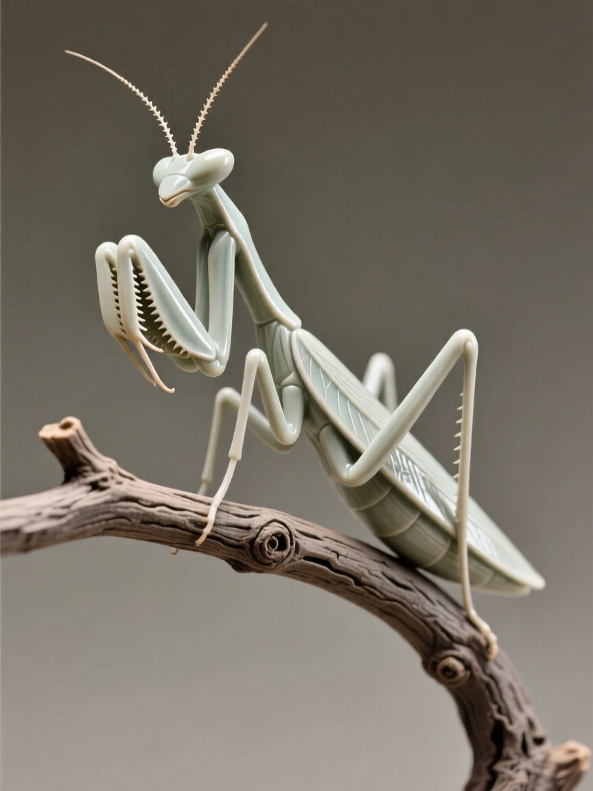 A praying mantis poised on a twig poised delicately on a slender branch, outlined against a soft-focus natural backdrop, radiating delicate, fleeting beauty.