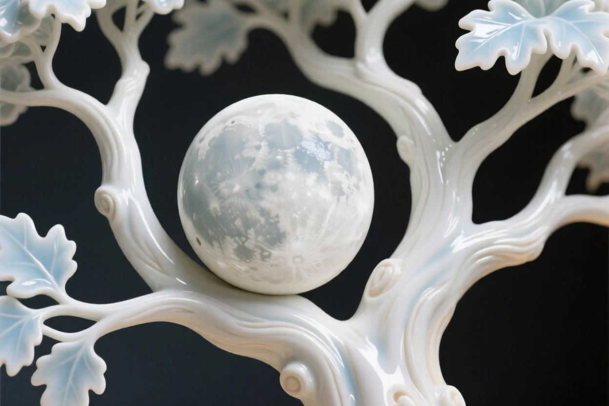 A surreal composition where the moon rests gently in the branches of an old oak tree, rendered with quiet, elegant restraint.