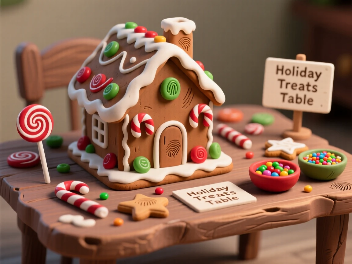 A holiday gingerbread house decorating table covered in candy