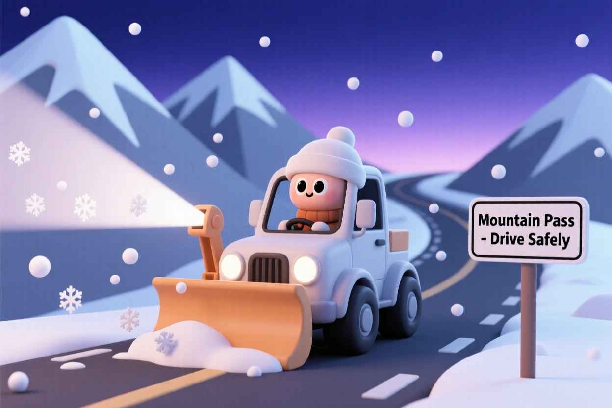 A determined snow plow driver clears a mountain road before dawn, headlights cutting through falling snow.