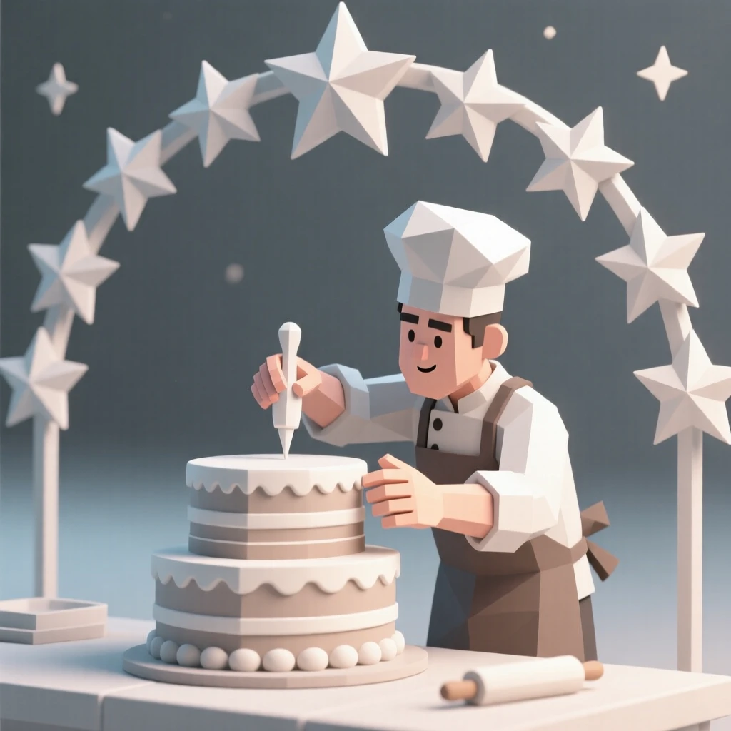 A baker decorating a beautifully layered cake, beneath a canopy of stars. a shallow depth of field keeps the action sharply in focus. The scene feels energetic and inspiring.