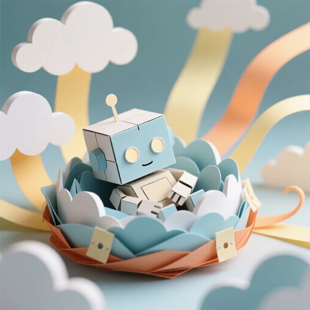 A curious little robot curled up in a nest made of soft clouds, with a soft warm glow surrounding it, conveying playful, heartwarming delight.