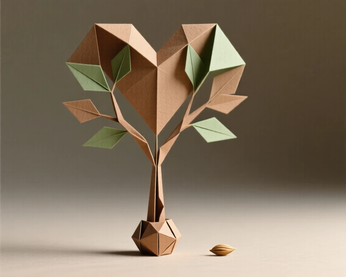 A single seed sprouting into a tree whose branches form the shape of a heart.
