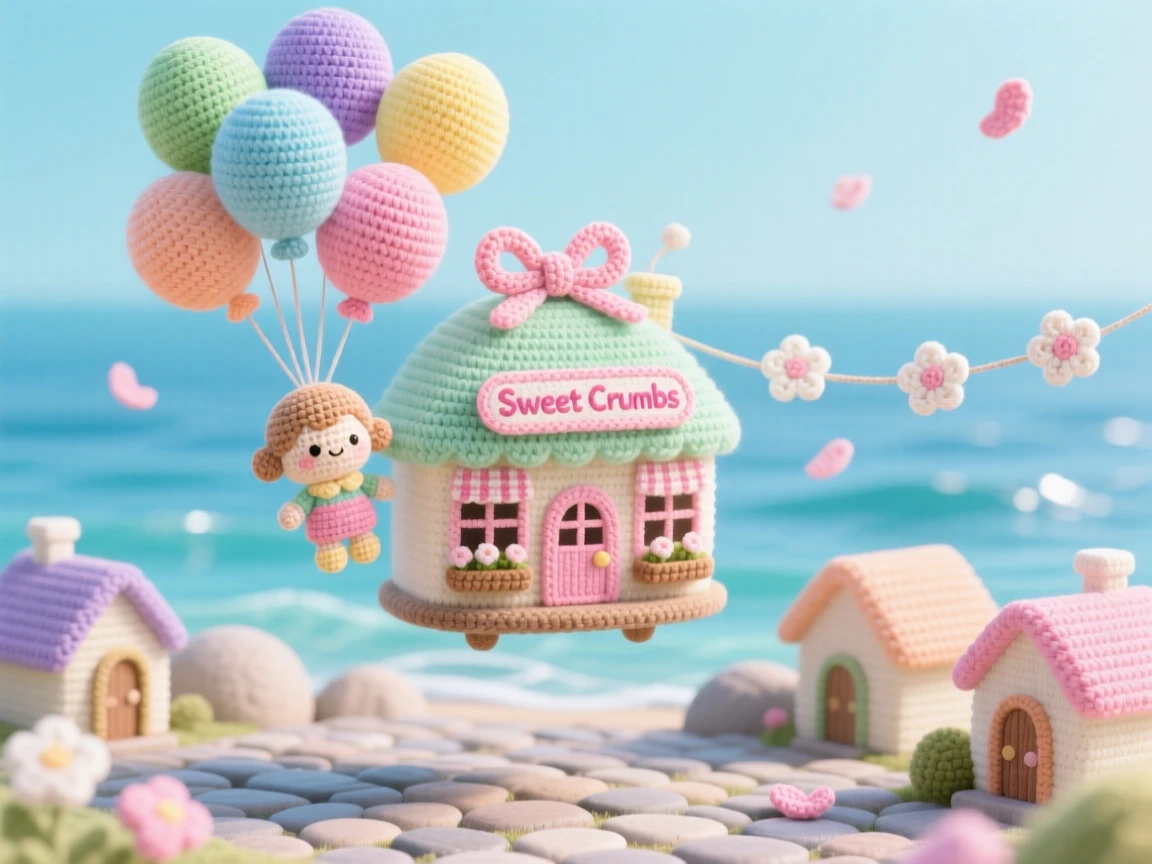 An imaginative scene of a small floating bakery carried by a bundle of pastel balloons with the smell of bread drifting below, floating above a quiet village square perched above a calm and glassy sea; a trail of soft floating petals nearby, full of playful imagination brought to life.